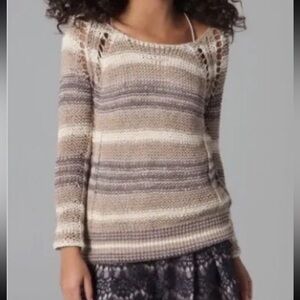 Free People Desert Moon Open Knit Cream Gray Tan Striped Chunky Knit Sweater